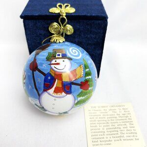 PIER 1 Li Bien Round Christmas Ornament Snowman Glass Blue Hand Painted w/Box